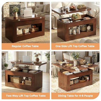 UNIQUITE 40" Lift Top Coffee Table, 4 in 1 Multi-Function Lift Coffee Tables with Storage and Hidden Compartment, Convertible Wood Coffee Tables to Dining Table for Living Room, Walnut - color: Walnut
