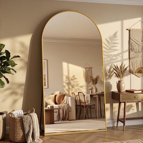44"×88" Arched Full Length Floor Mirror, Standing Mirror with Aluminum Frame, Large Body Mirror of Free Standing/Wall Mount/Leaning for Bedroom, Living Room, Dressing Room, Gold - color: Gold, size: 88"L x 44"W