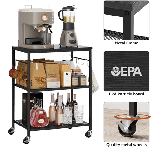 Homleke 3-Tier Rolling Kitchen Microwave Cart, Utility Cart | with Lockable Wheels Coffee Bar Table Station with 6 Hooks, Small Appliance Storage Shelf, Black - color: Black