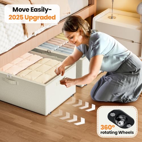 Dayacoco Under Bed Storage With Wheels,10in Underbed Storage Containers 65L | Large Capacity Underbed Storage, No Assembly Required Rolling Under Bed Storage for Clothes Blankets Shoes Beige - size: 10.1 inch height-beige