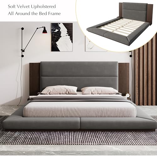 Velvet Upholstered Floor Platform Bed with Extended Wood Headboard & Bedside Shelves - No Box Spring Needed, Low Profile Bed Frame with Storage Space, Gray (King)