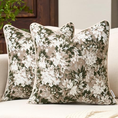 FANAMI Vintage Floral Throw Pillow Covers 18x18 Set of 2 Boho Farmhouse Accent Pillowcase Neutral Modern Chenille Square Decorative Cushion Covers for Couch Sofa Bed Living Room Home Decor, Green - color: Green, size: 18" x 18" (Pack of 2)