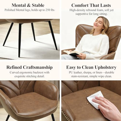 MALOL Modern Mid-Century Faux Leather Accent Chair, Upholstered Armchair with Curved Backrest, Sturdy Metal Base, Living Room, Bedroom & Reading Nook,Brown - color: Brown, size: set of 1