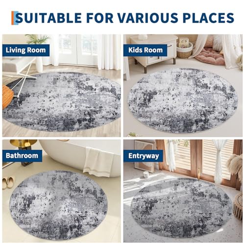 ROYHOME Modern Abstract 6x6 Round Area Rug Non Slip, Grey | Non Shedding Rug Low Pile Stain Resistant for Bedroom Living Room office Dining Room - color: Grey, size: 6' (Round)