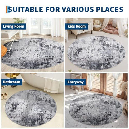 ROYHOME Modern Abstract 6x6 Round Area Rug Non Slip, Grey | Non Shedding Rug Low Pile Stain Resistant for Bedroom Living Room office Dining Room - color: Grey, size: 6' (Round)