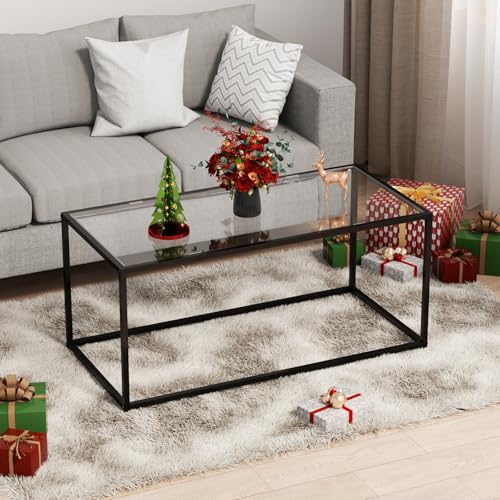 Glass Coffee Table Modern Center Table,Minimalist Coffee Table for Living Room,Tempered Glass-top with Sturdy Metal Frame, Easy Assembly,Black - color: Black, style: Rectangle