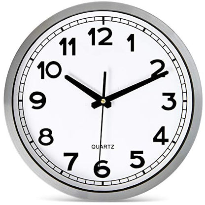 Bernhard Products Wall Clock Silent Non-Ticking Large 12" Silver Metal Frame Quartz Battery Operated Easy to Read Office Classroom Kitchen Living Room Bathroom Sweeping Clocks, Black Modern Numbers - style: Metal