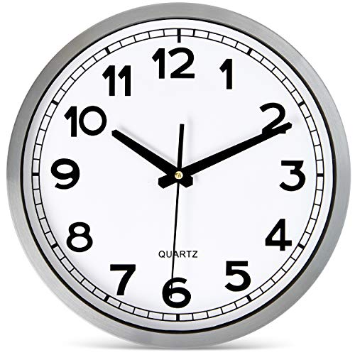 Bernhard Products Wall Clock Silent Non-Ticking Large 12" Silver Metal Frame Quartz Battery Operated Easy to Read Office Classroom Kitchen Living Room Bathroom Sweeping Clocks, Black Modern Numbers - style: Metal