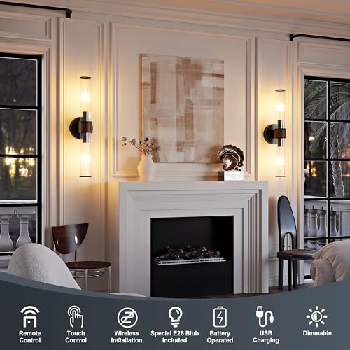 Morauroral Black Walnut Battery Operated Wall Sconces Set of 2, Rechargeable Wall Lights with Remote, 20 Inch Modern Wireless Wall Lamp for Bedroom, Living Room with White Shade (Bulbs Included) - color: Black Walnut