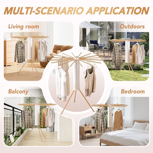 Foldable Tripod Clothes Drying Rack,Beechwood & Portable Laundry Stand, Space-Saving Collapsible Hanger with 16 Arms for Indoor & Outdoor Drying – Easy Setup, Stable Base, Fast Air-Drying Design