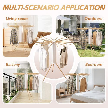 Foldable Tripod Clothes Drying Rack,Beechwood & Portable Laundry Stand, Space-Saving Collapsible Hanger with 16 Arms for Indoor & Outdoor Drying – Easy Setup, Stable Base, Fast Air-Drying Design