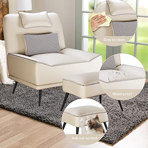 Faux Leather Accent Chair with Ottoman, Modern Upholstered Large Sofa Chair for Living Room Bedroom Lounge Chair Armless Accent Chair and Ottoman Set Beige - color: Beige