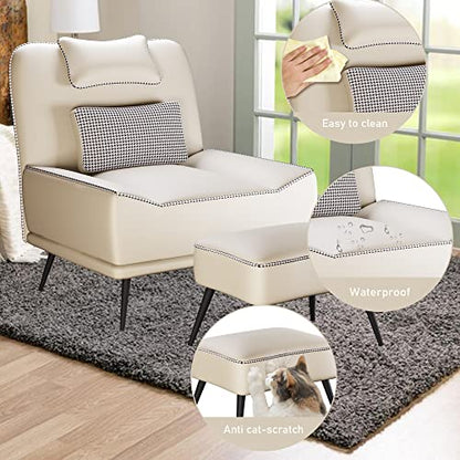 Faux Leather Accent Chair with Ottoman, Modern Upholstered Large Sofa Chair for Living Room Bedroom Lounge Chair Armless Accent Chair and Ottoman Set Beige - color: Beige