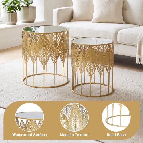 Homebeez Gold Nesting Tables Set of 2, Stainless Steel Top Round End Table | with Glam Leaf Design for Living Room & Bedroom, No Assembly Required - color: Gold Leaf