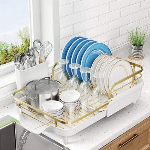 SNTD Expandable Dish Drying Rack for Kitchen Counter, 15.2-22.1 in, Gold | Rust-Resistant Stainless Steel, Protective Side Rails, Self-Draining Drainboard, Removable Utensil Holder - color: Gold