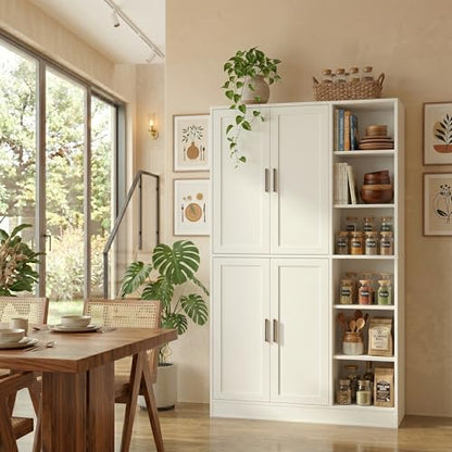 holzart 63" Tall Kitchen Pantry Cabinet, Freestanding Dining Room Storage Hutch with 4 Doors and Adjustable Shelves, Modern Utility Cupboard for Coffee Bar and Microwave, White - color: White