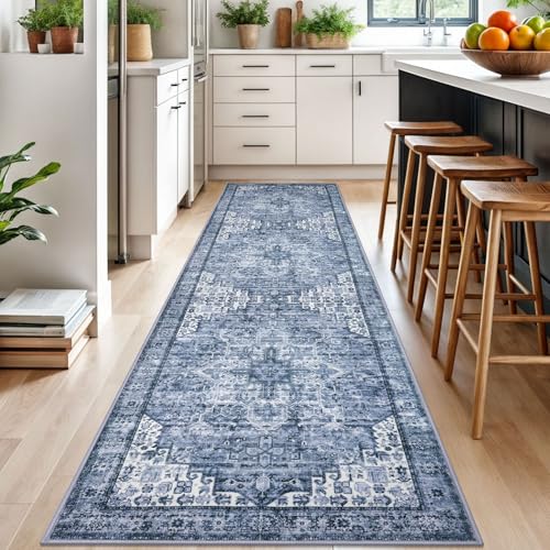 SIILOOM 3x10 Washable Runner Rug, Non Slip Soft Area Rug for Hallway Kitchen - color: Blue White, size: 3' x 10' (Runner)