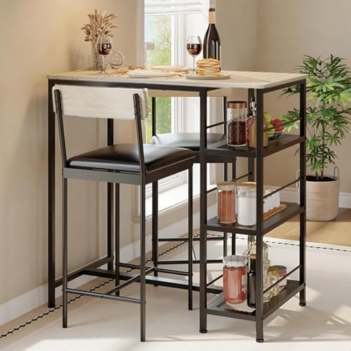 GarveeLife Dining Table Set for 2, Counter Height Bar Table Set with Storage ＆ Stools, High Top Pub Table and Chairs for Kitchen, Dining Room, Sofa Side, Apartment, Breakfast Nook - color: Oak