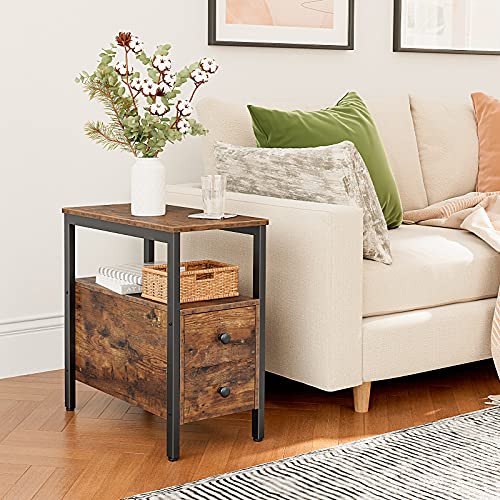 HOOBRO End Table, Narrow Chairside Table with Drawer and Open Storage Shelf, Nightstand for Small Spaces, Stable and Sturdy Construction, Wood Look Accent Furniture, Rustic Brown and Black BF548BZ01G3 - color: Rustic Brown + Black