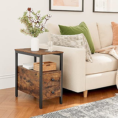 HOOBRO End Table, Narrow Chairside Table with Drawer and Open Storage Shelf, Nightstand for Small Spaces, Stable and Sturdy Construction, Wood Look Accent Furniture, Rustic Brown and Black BF548BZ01G3 - color: Rustic Brown + Black