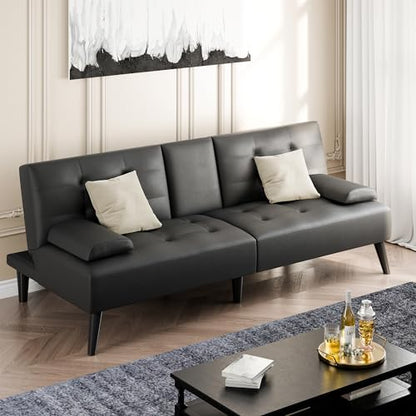 Shintenchi Futon Sofa Bed, Leather Foldable Futon Couch, Reclining Sleeper with Removable Armrests, Upholstered Loveseat Sofa Couch with Folding Cup Holders for Home, Office(Black)