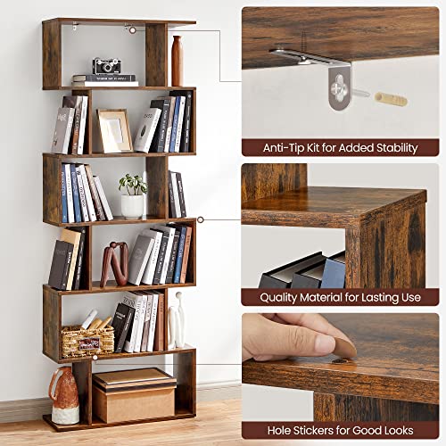 VASAGLE CUSTOS Collection - 6 Shelf Bookcase, S-Shaped Tall Bookshelf, Wood Display Shelf, Book Organizer, 27.6 x 9.5 x 75.4 Inch, Rustic Brown, for Living Room, Office, Rustic Brown ULBC61BXV1 - color: Rustic Brown, style: 6-Tier (27.6"W)