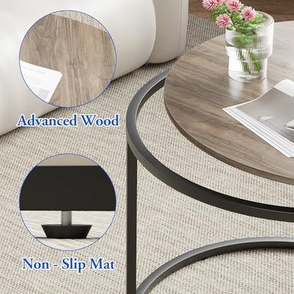 aboxoo Coffee Table Nesting Side Round Table Set of 2 End Table with Sturdy Metal Frame for Living Room Bedroom Apartment Modern Industrial Simple Nightstand,Oak - color: Oak