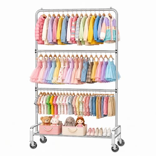Heavy Duty Kids Clothing Rack Rolling Large Storage Capacity Dress Up Rack | with 2/3 Adjustable Rod & Bottom Shelf - Baby clothes rack baby Closet for Nursery Bedroom Organizer - color: Silver