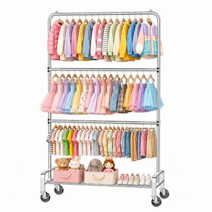Heavy Duty Kids Clothing Rack Rolling Large Storage Capacity Dress Up Rack | with 2/3 Adjustable Rod & Bottom Shelf - Baby clothes rack baby Closet for Nursery Bedroom Organizer - color: Silver