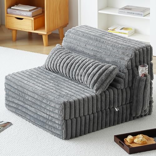 Folding Sofa Bed Convertible Sleeper Chair Mattress with Pillow & Side Pocket, Thick Corduroy Floor Mattress Couch Bed, Single Size, Grey - color: Corduroy Gray, size: Single Size