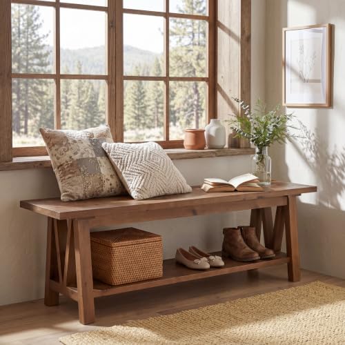 LITTLE TREE 55" Solid Wood Entryway Bench with Storage Shelf | Farmhouse Rustic Shoe Storage Bench Seat for Hallway, Living Room, Bedroom & Mudroom