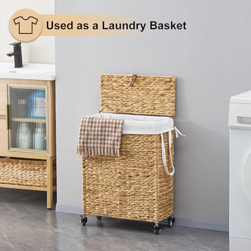Rolling Laundry Hamper with Lid and Wheels, Slim Laundry Basket with Removable Liner Bag & 2 Mesh Bags, Handwoven Water Hyacinth Clothes Hamper for Bedroom Bathroom (Natural, 85L) - color: Natural/With Lid/85L