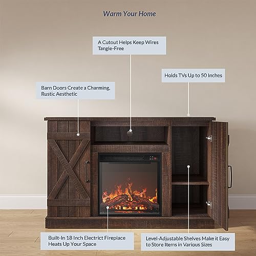 BELLEZE 47" TV Stand with 18" Electric Fireplace Heater & Media Entertainment Center Console Table for TV up to 50" with Open Storage Shelves & Cabinets - Veropeso (Espresso) - color: Espresso, style: 47" TV Stand/W 18" Fireplace