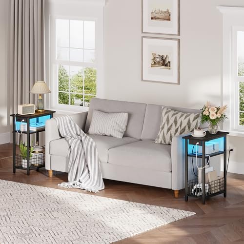 HOOBRO Narrow Side Table with Charging Station and LED Light, Small End Table with Storage, Skinny Nightstand with USB Port, Slim Bedside Table for Small Spaces, Living Room, Black BB242UDBZ01 - color: Black