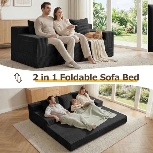 cidludto Convertible Sofa Bed, 78" Oversized Boneless Loveseat Couch 2 in 1 Foldable Futn Bed Couch in A Box, Folding Sofa Chair for Living Room, No Assembly Required, Black - color: Black, size: Three Seat-78''