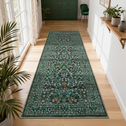 GarveeHome Dark Green Floral 2x6 Washable Kitchen Runner Rug | Vintage Stain Resistant Rugs for Entryway Hallway Bedroom Bathroom Low-Pile Non-Slip Soft Botanical Boho Rug TPE Backing - color: B.dark Green, size: 2' x 6' (Runner)