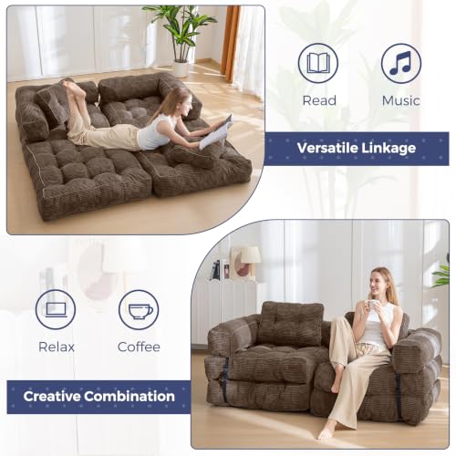 MAXYOYO Folding Sofa Bed, Convertible Chair Bed with Pillow | L-Shaped Floor Sofa with Armrest and Pillow, Foldable Portable Fold Out Comfy Chair Bed for Living Room Bedroom, Brown - color: Brown
