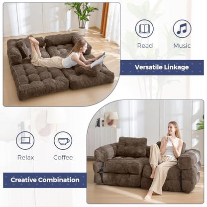 MAXYOYO Folding Sofa Bed, Convertible Chair Bed with Pillow | L-Shaped Floor Sofa with Armrest and Pillow, Foldable Portable Fold Out Comfy Chair Bed for Living Room Bedroom, Brown - color: Brown