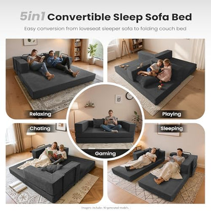 5-in-1 Futon Sofa Bed Queen Floor Convertible Couch Foldable Lounge Grey | Multi-Position Convertible Lounge Couch for Guest Room & Apartment, Removable Washable Cover, Space Saving - color: Grey