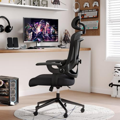 DUMOS Executive Home Office Chair, Ergonomic Computer Desk Chair, Mesh | 300 LBS, High Back, 2D Headrest, Adjustable Lumbar Support, Flip-up Armrests, Swivel Wheels, Black - color: Black