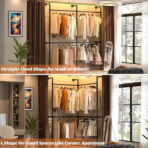 Aheaplus Industrial Pipe Clothing Rack, Reversible 6.75FT Clothes Rack for Hanging Clothes, Heavy Duty Garment Racks, Wall Mounted Closet Wardrobe Racks, Corner L Shaped Walk-in Closet System, Black - size: 81 inches