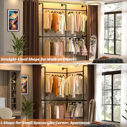 Aheaplus Industrial Pipe Clothing Rack, Reversible 6.75FT Clothes Rack for Hanging Clothes, Heavy Duty Garment Racks, Wall Mounted Closet Wardrobe Racks, Corner L Shaped Walk-in Closet System, Black - size: 81 inches