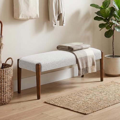 Usaint 42" End of Bed Bench with Wood Legs, Heathered White with Walnut Leg | Modern Upholstered Bedroom Bench with Rubberwood Legs, Entryway Bench with Cushion, Dining Bench for Living Room, Bedroom - color: Heathered Off-white With Walnut Leg