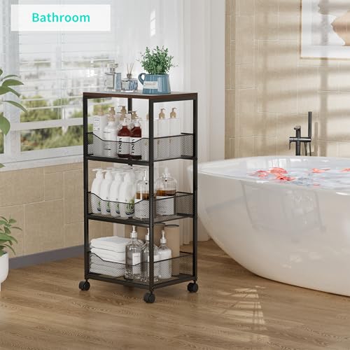HapiRm Fruit Basket Kitchen Cart - 4-Tier Rolling Storage Cart with Wheels, Fruit Vegetable Basket with Wood Top, Pantry Utility Kitchen Organizer for Fruit Potato Onion Vegetable Bread Snack - color: Black