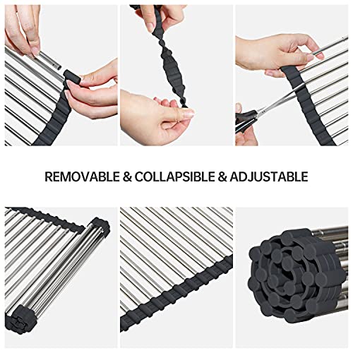 Expandable Roll Up Dish Drying Rack Over The Sink Rack, Foldable Dish Drainer Rack Stainless Steel for Large Sink, Silicone Rollable Collapsible Rack 18 Tube for Kitchen(Sliver,12'' to 21.14”) - color: Black+silver Expandable