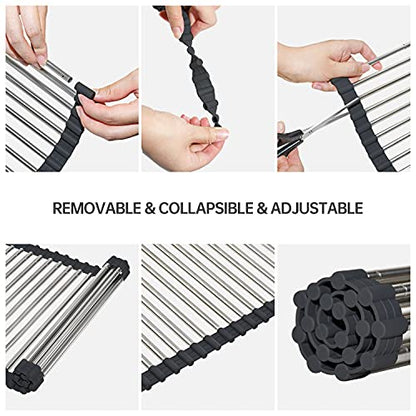Expandable Roll Up Dish Drying Rack Over The Sink Rack, Foldable Dish Drainer Rack Stainless Steel for Large Sink, Silicone Rollable Collapsible Rack 18 Tube for Kitchen(Sliver,12'' to 21.14”) - color: Black+silver Expandable