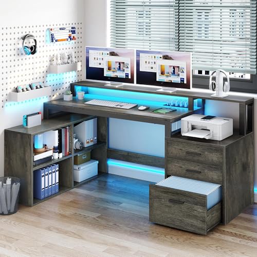 YITAHOME L Shaped Desk with 3 Drawers | 3 Drawers, Power Outlets & LED Lights, File Cabinet & Printer Stand, For Home Office - color: Grey