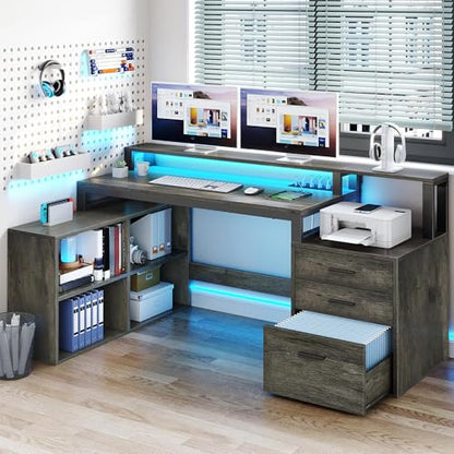 YITAHOME L Shaped Desk with 3 Drawers | 3 Drawers, Power Outlets & LED Lights, File Cabinet & Printer Stand, For Home Office - color: Grey