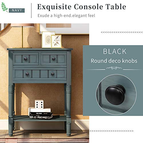Knocbel Narrow Console Table with 3 Storage Drawers and Bottom Shelf, Entryway Hallway Foyer Slim Sofa Table for Small Spaces, Easy Assembly (Navy) - color: Navy