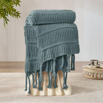 Boho Knitted Chenille Blanket with Tassels - Lightweight & Soft All-Season Throw - 3D Classic Pattern for Living Room Bedroom Couch, Celestial Blue, Twin 60"x80" - color: Celestial Blue, size: Twin